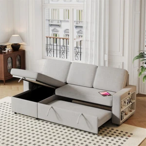 85.8" Pull Out Sleeper Sofa L-Shaped Couch Convertible Sofa Bed w/Storage Chaise - Picture 1 of 18