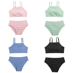 Kids Girls Adjustable Straps Removable Chest Pads Top Briefs Set Bikini Swimwear - Picture 1 of 25