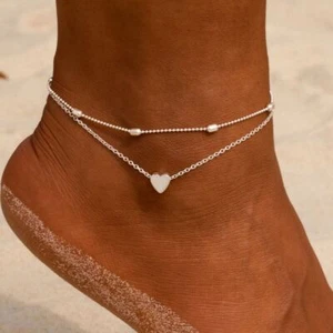 Doppellagige Perlen Herz Fußkette Frauen Mädchen Fußkett Strand Barfuß Armband - Bild 1 von 13