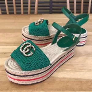 Gucci GG Marmont platform espadrille sandals size 35 Green used 2504SM - Picture 1 of 9