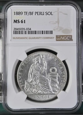 PERU 1 SOL SILVER CROWN 1889 TF/BF NGC MS 61 KM #196.24 - Image 1 of 4