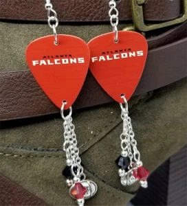 NFL Atlanta Falcons Guitar Pick Earrings with Charm and Swarovski Crystal Dangle - Picture 1 of 5