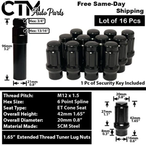 16x Black 1.6" Tall 12x1.5 ET Style Spline Tuner Lug Nuts Fit Acura Honda Toyota - Picture 1 of 3
