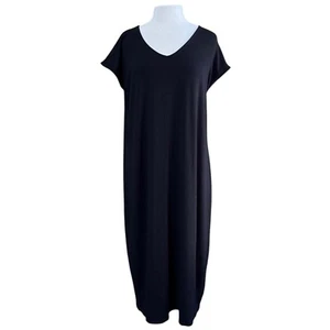 Eileen Fisher Black Viscose Jersey Knit V-Neck Dress Womens Medium - Picture 1 of 7