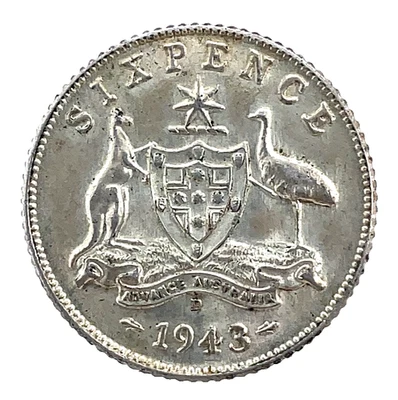 AUSTRALIA 1943 D 6 Pence Sixpence George VI UNC. 0.925 Silver Coin KM# 38 - Image 1 of 4