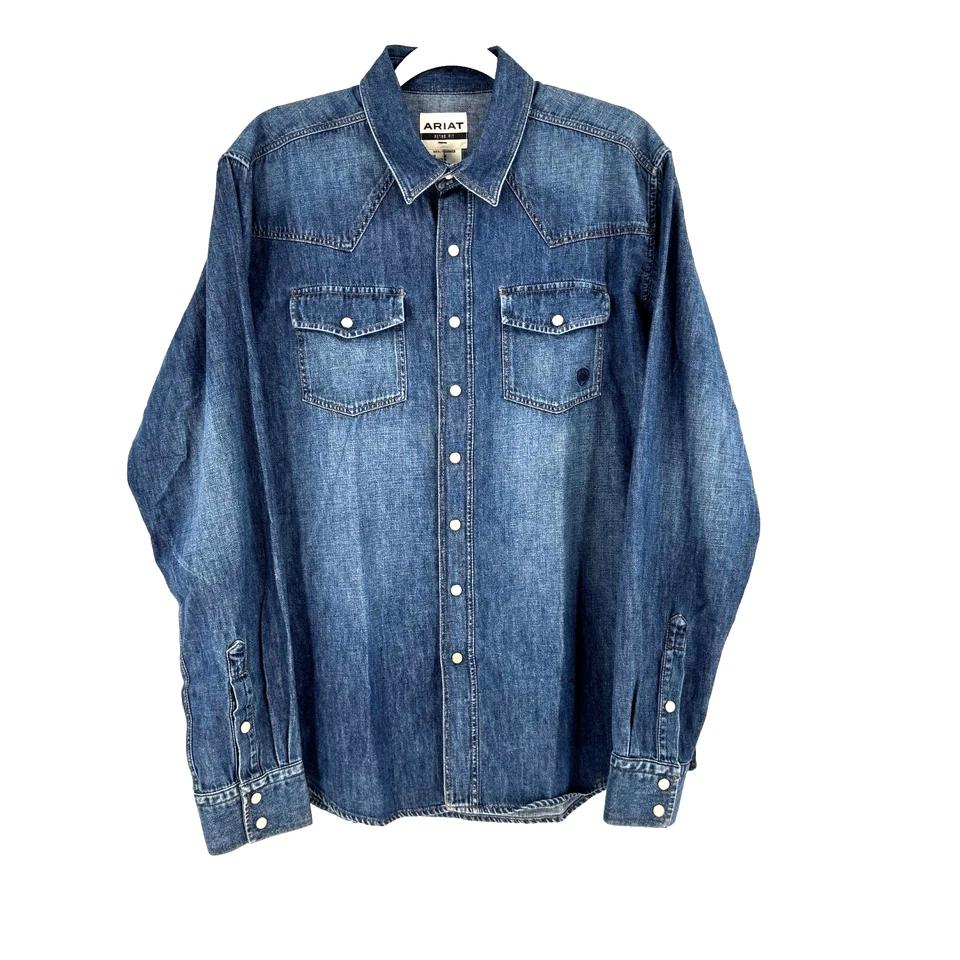 ARIAT Retro Cambray Denim Perla Snap Jean Camisa Para Hombre M Yellowstone Landman NUEVA Foto 1 de 4