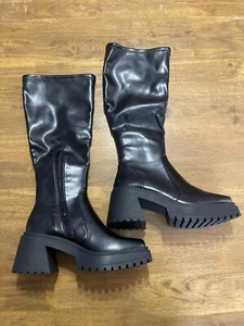 Zara Boots, Women's Size 7.5M, Black, Faux Leather, Knee High Chunky Block Heel  - Picture 1 of 10