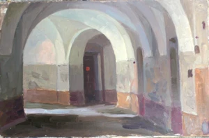 Valentin V. Sizikov (1918 - 2005) olio su cartoncino. 'Data In Carcere' 1954 - Foto 1 di 4
