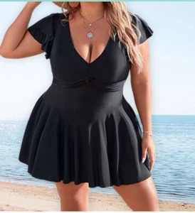 L Blooming Jelly One Piece SwimDRESS Ruffle Tummy Control V NECK Black - Picture 1 of 6