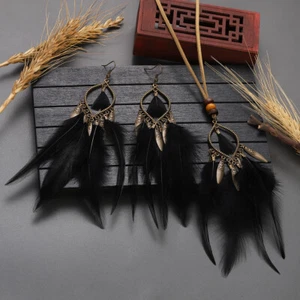Vintage Earring Necklace Set Feather Tassels Charm Jewelry Women Bride Gift - Picture 1 of 6