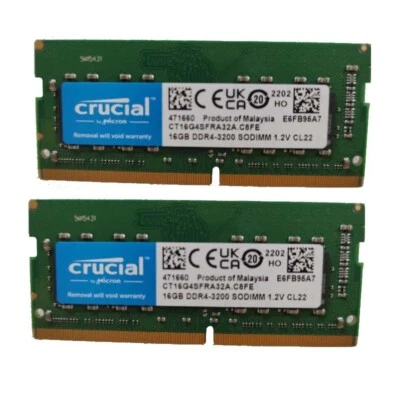 Crucial 2x16GB 1RX8 DDR4 PC4-3200 PC4-3200MHz SO-DIMM Laptop Memory RAM - Image 1 of 2