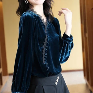 Damen Samt Spitze Shirt Blosue Top Pullover V-Ausschnitt Langarm Retro lose lässig - Bild 1 von 10