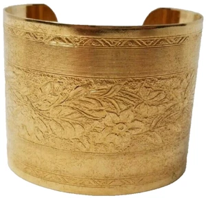 Gold Tone Plated Etched Cuff Bracelet -Flower Design - Classy - Fashion Jewelry - Picture 1 of 8