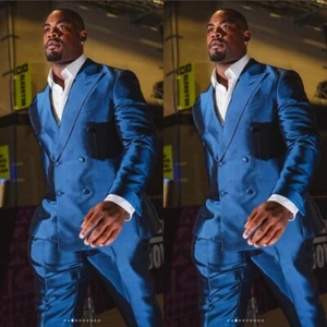 Blau Seide Satin Herren Anzug Breites Spitzes Revers Zweireiher Party Formell Männer Blazer - Bild 1 von 9