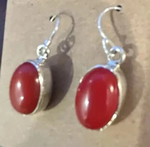 Sterling Silver Red Coral Drop Earrings Oval Stone Wire Pierced Dangle 925 - Picture 1 of 15