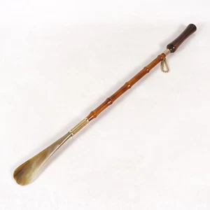 Vintage Wooden Bamboo Shoe Horn w/ Brass Accents 24" Long Reach Boot Helper - Picture 1 of 8