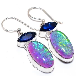 Triplet Fire Opal, Blue Jade Gemstone 925 Sterling Silver Jewelry Earring 1.9" - Picture 1 of 5