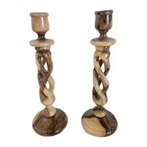 2 VTG Twisted Candle Holder Hand Carved Natural Olive Wood Holy Land Israel 9.5" - Picture 1 of 10