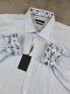 NWT Bugatchi Shirt Men XXL Blue Striped Geometric Classic Fit Button Flip Cuff - Picture 1 of 7