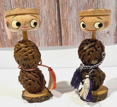 Vintage Japanese Seed & Wooden Kokeshi Kappa Doll Figurines Set of 2 - Image 1 of 4