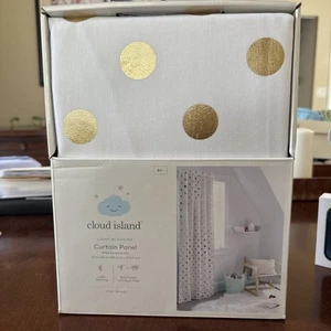 Light blocking 84" white with gold circles curtain panel - Picture 1 of 3