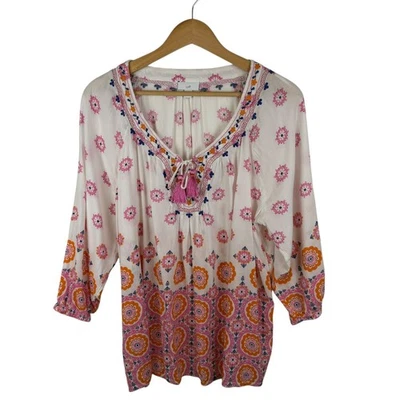 Top túnica J Jill floral bordado grande boho borla corbata festival cottagecore Foto 1 de 4