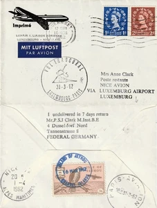 GB to Luxembourg GUERNSEY QE2 1d 2d Wildings Luxair 1st Flight JETHOU LOCAL 1962 - Picture 1 of 1