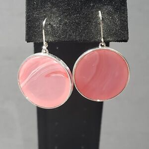Dangle Button Earrings Silver Tone Pink Mid Century Modernist Boho Pierced 1.75"