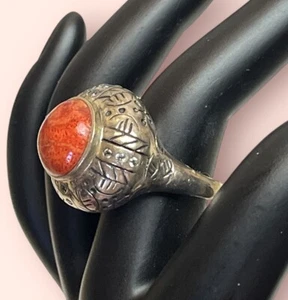Large Sterling Silver SX SALLY C TREASURES Coral Southwest Ethnic Boho Ring 7 - Picture 1 of 8