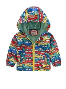 Children's Hooded Jacket Cartoon Car Print Zipper Windproof Side Pockets NEW - Picture 1 of 4