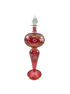 12" Egyptian Blown Glass Perfume Bottle Cranberry Red Gold Gilt Etched Floral - Picture 1 of 16