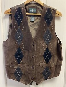 Vintage Hunt Club Leather Vest Women’s Size 14 Brown Black Diamond Argyle
