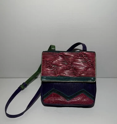 Sharif Crossbody Multicolor Genuine Exotic Animal Skin Snap Bag Woven Vintage - Image 1 of 4