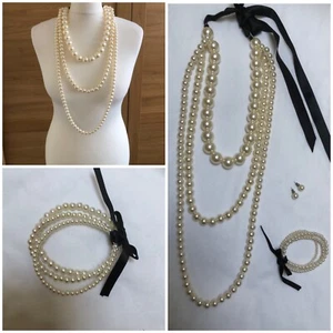 3 items - Faux Pearl 3 stranded long necklace + bracelet + pierced earrings - Picture 1 of 7