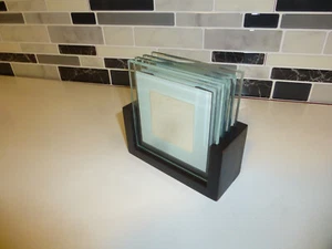 Set of 4 - Clear With White Frames Glass Coasters w/Picture Insert Wooden Holder - Picture 1 of 7