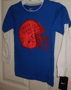 NEW WITH TAGS NIKE BOYS  KIDS SHIRT SIZE 4 HELMET BLUE "TRAIN THE GAME" - Picture 1 of 3