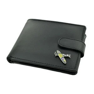 Genuine Black Leather Wallet with a Spitfire War Plane Pilot Aircraft Emblem - Picture 1 of 2