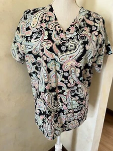 Tafford medical nurse/doctor scrub top Sz S paisley black  pink, blue - Picture 1 of 8