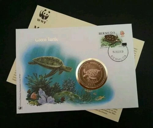 [SJ] Bermuda WWF Green Turtle 1986 Underwater Life Ocean Wildlife FDC coin cover - Image 1 of 4