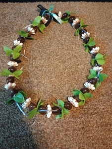 Echte Hawaii Kukui Nuss & Kaurimuschel Halskette Tropical Lei Luau Braun - Bild 1 von 4
