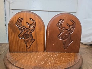 Engraved Wood Deer Stag Head Bookends Vintage Pair of Bookends Rustic Decor - Picture 1 of 14
