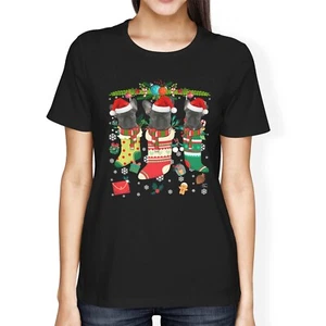 1 T-Shirt Damen lockere Passform Weihnachtsstrümpfe mit Französischer Bulldogge Hunde - Bild 1 von 5