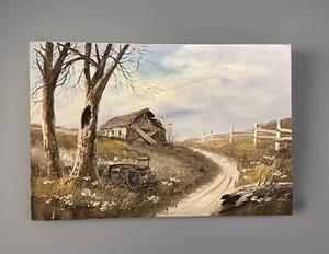 "Pintura al óleo de paisaje de granero firmada por Ray Norman 24""x37""" - Imagen 1 de 11