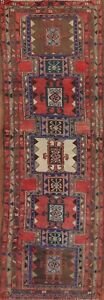 Vintage Traditional Geometric Red 10 ft. Runner Rug Hand-knotted Wool 3x10