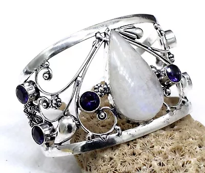 925 Sterling Silver Moonstone & Spinel Gemstone Jewelry Cuff Bracelet Size-ADJ - Image 1 of 4