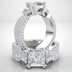 3 Stone Micro Pave Princess Diamond Engagement Trillion Cut Ring GIA H SI2 3.3Ct