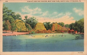 Postcard PA Pittsburgh Pennsylvania-1936 West View Park-Roller Coaster-Lake B17 - Picture 1 of 1