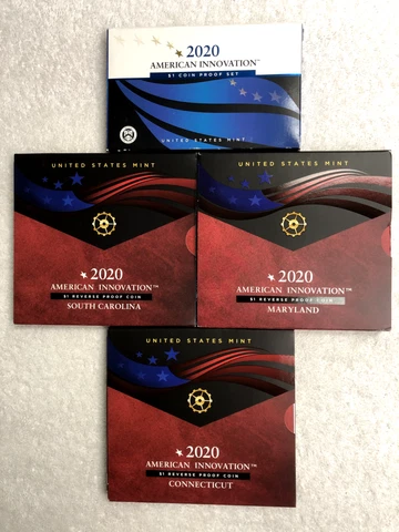 Lot of Seven (7) 2020 American Innovation Proof and Reverse Proof Dollars w OGP Cover