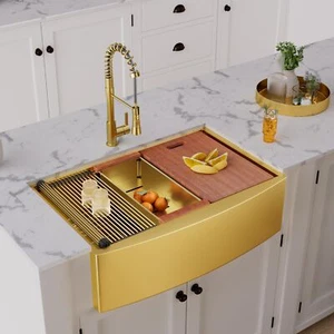 30" Single Bowl Stainless Steel Apron Farmhouse Sink 16 Gauge Farm Sink Gold - Picture 1 of 7
