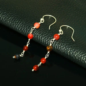 Real Ethiopian Black Fire Opal Beaded Dangle Earring 925 Sterling Silver Jewelry - Picture 1 of 8